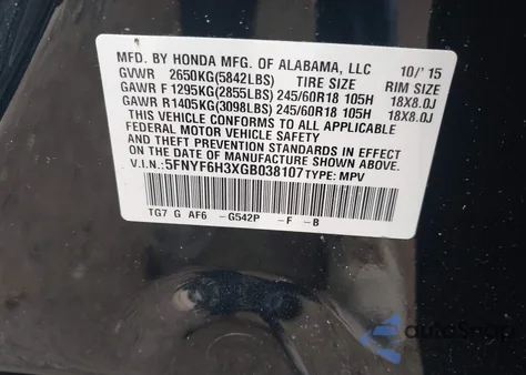 2016 Honda Pilot Ex from USA, damaged, VIN 5FNYF6H3XGB038107